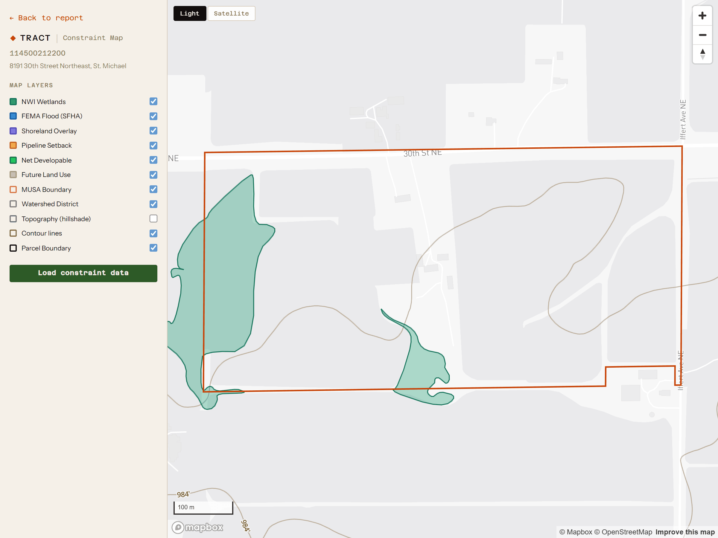 TRACT constraint map — parcel boundary, NWI wetlands, and overlay layers (flood, MUSA, shoreland, pipeline setback) for a parcel in St. Michael, MN